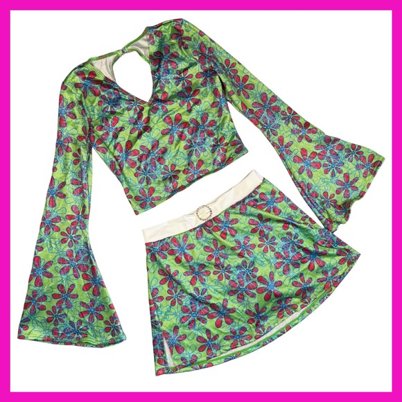 Weissman Green Floral 2 Piece 70's Costume Bell Sleeve Top Skirt Adult MA - Picture 1 of 11